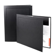 Horizontal and vertical black textured cardstock certificate folders with deckle edges and a black foil border on the front cover.