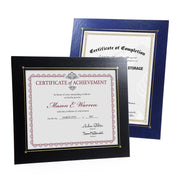 Black and blue certificate frames with a subtle gold foil border around the window frame opening.
