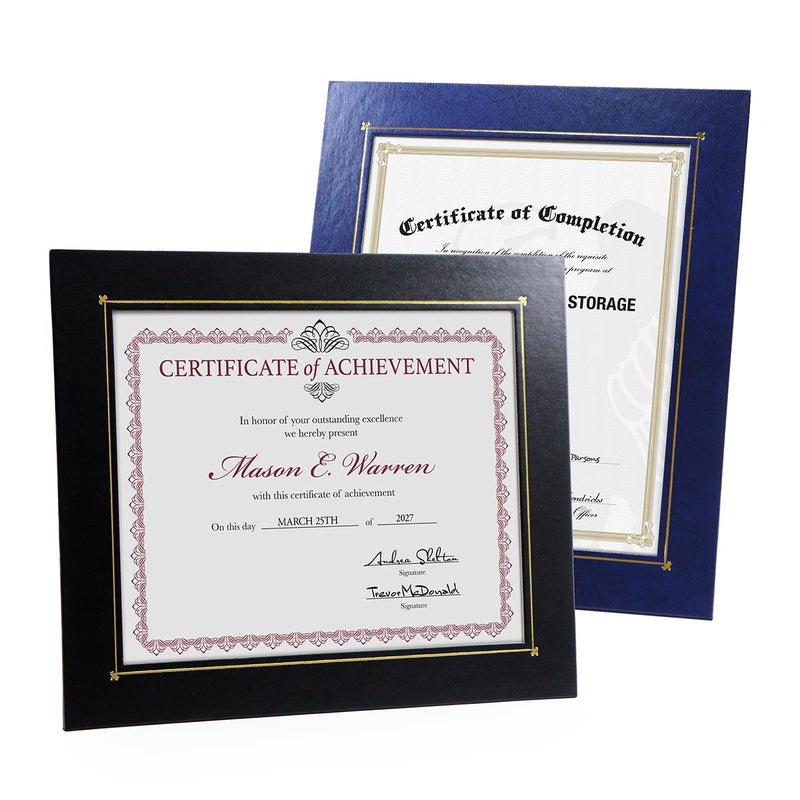 Black and blue certificate frames with a subtle gold foil border around the window frame opening.
