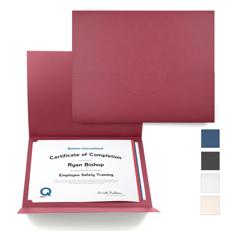 Burgundy certificate folder with color swatches for blue, black, white, and off-white.