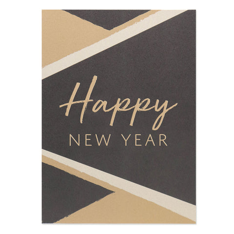 Geometric design for a Happy New Year greeting card in muted gray and tan colors.