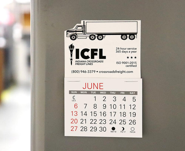 Small adhesive calendar with semi truck design and freight company logo