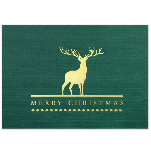 Linen-textured green horizontal card has a silhouette of a deer with antlers above the words, Merry Christmas. Add your business logo.