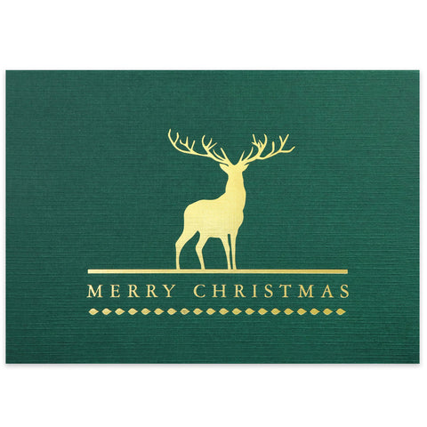 Linen-textured green horizontal card has a silhouette of a deer with antlers above the words, Merry Christmas.