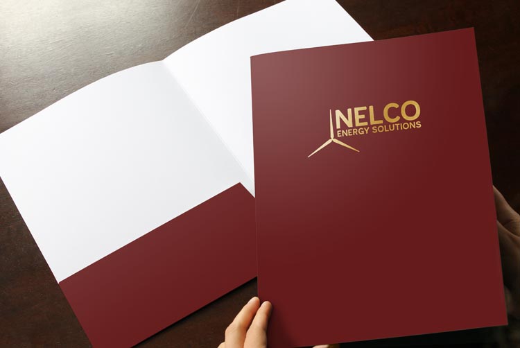 Maroon glossy pocket folder with gold foil logo imprint on the front cover.