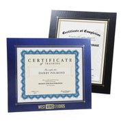 Blue and black glossy cardboard certificate frames with custom logo imprint in gold foil.