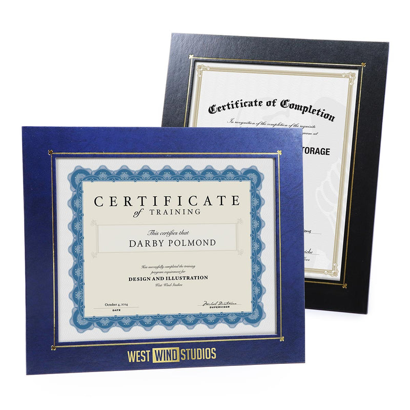 Blue and black glossy cardboard certificate frames with custom logo imprint in gold foil.