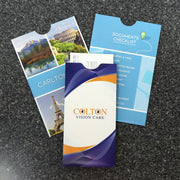 Two document sleeve sizes, both printed in full color with logos and branding graphics.