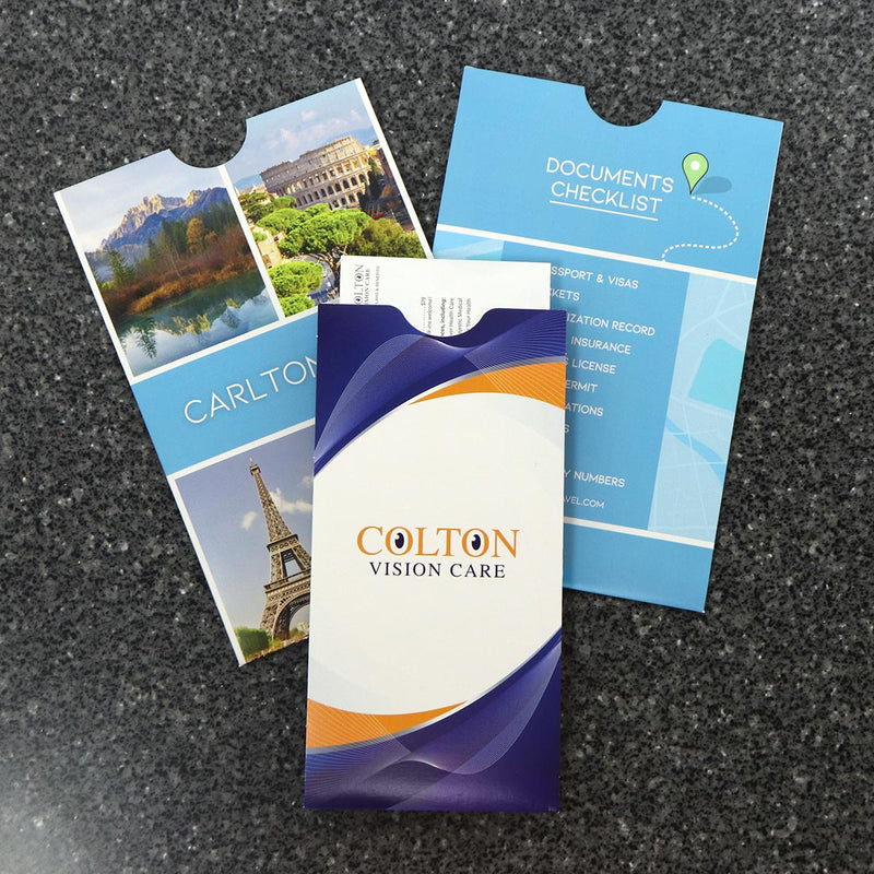 Two document sleeve sizes, both printed in full color with logos and branding graphics.