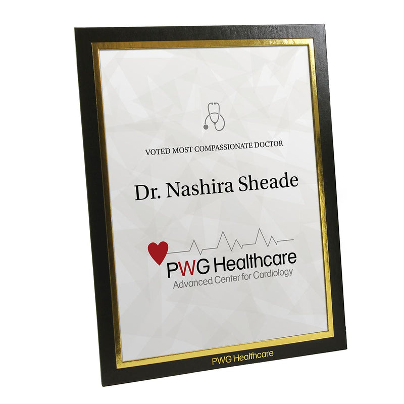 Glossy black vertical certificate frame with gold foil border and logo imprint.