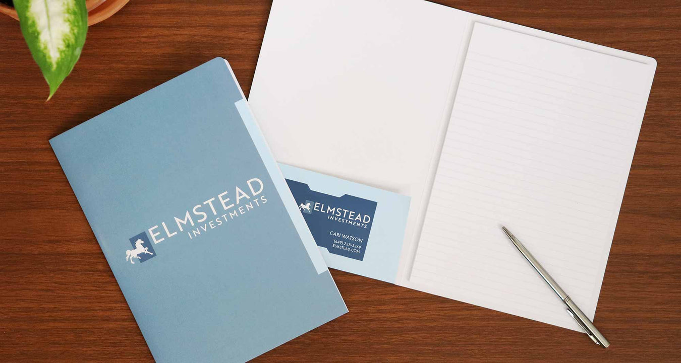 Blue padfolio with investment firm logo on the front cover