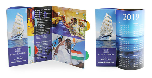 3D calendar with pop-out curves is printed with pictures of the sailing boat exterior and interior, all with a full-year calendar.