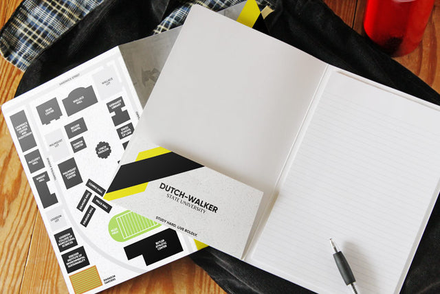 Open custom printed padfolio for a university with a campus map on the back
