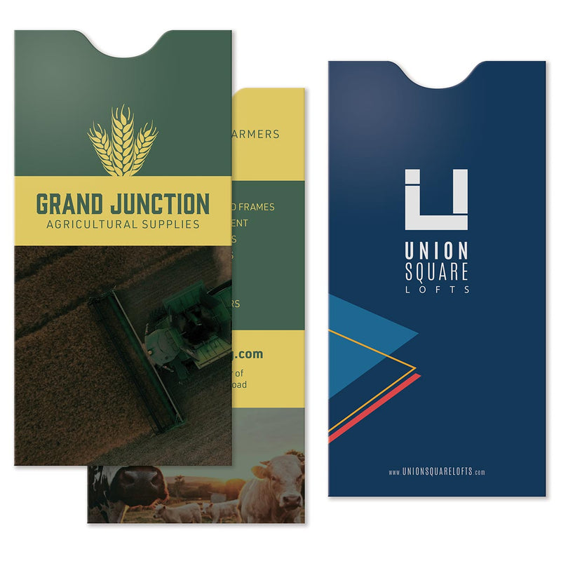 Two document sleeves, one for an agricultural supply company, the other for a real estate rental company.