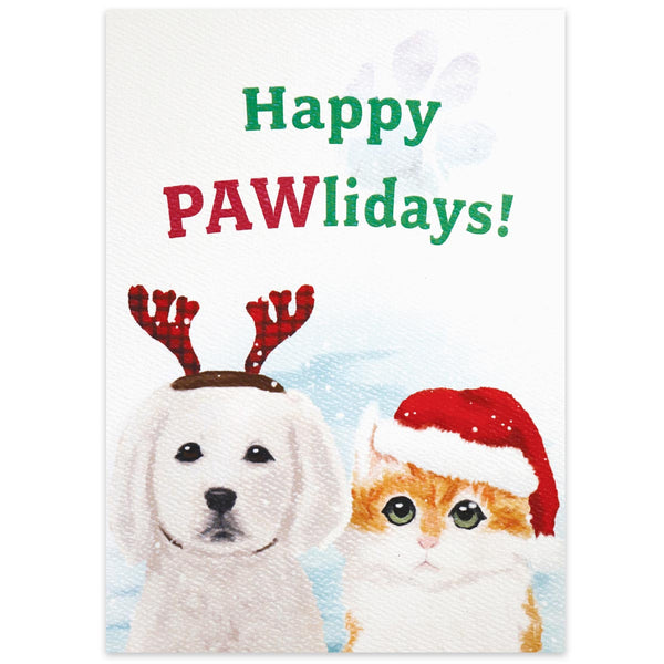 Watercolor-style design with a white puppy wearing red plaid reindeer antlers and an orange and white kitten wearing a Santa hat. Above them reads, Happy Pawlidays.