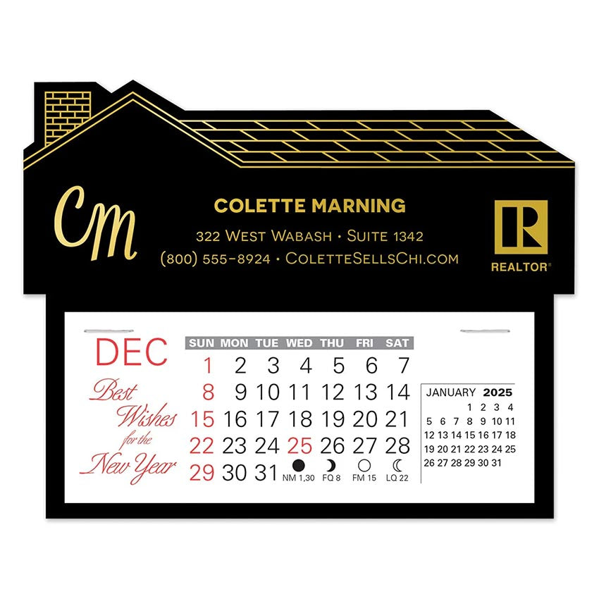 House-shaped calendar in black with gold foil logo imprint for a realtor