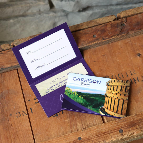 Vineyard gift card holder on a rustic wooden crate