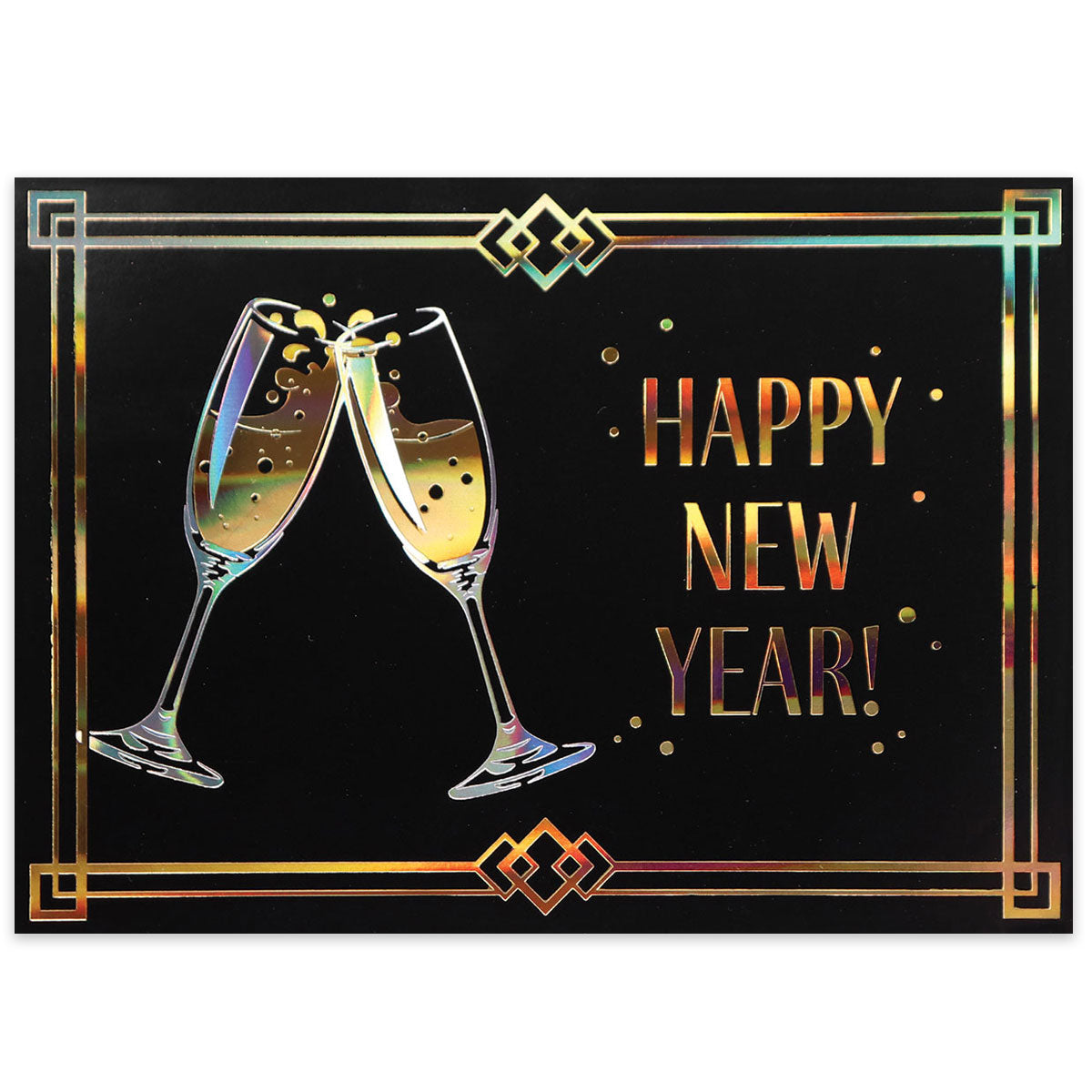 Black card with holigraphic gold and silver foil design of two champagne glasses being clinked with a new year greeting in gold.