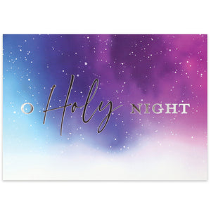 Blue and purple night sky design scattered with stars have a silver foil O Holy Night design.
