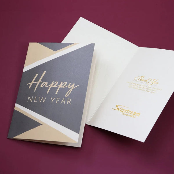 New Years greeting card with personalized sentiment and logo imprint inside the card.