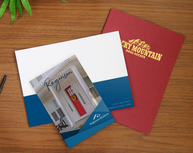 Custom pocket folders with your company logo. 6x9 folders, 9x12 pocket folders