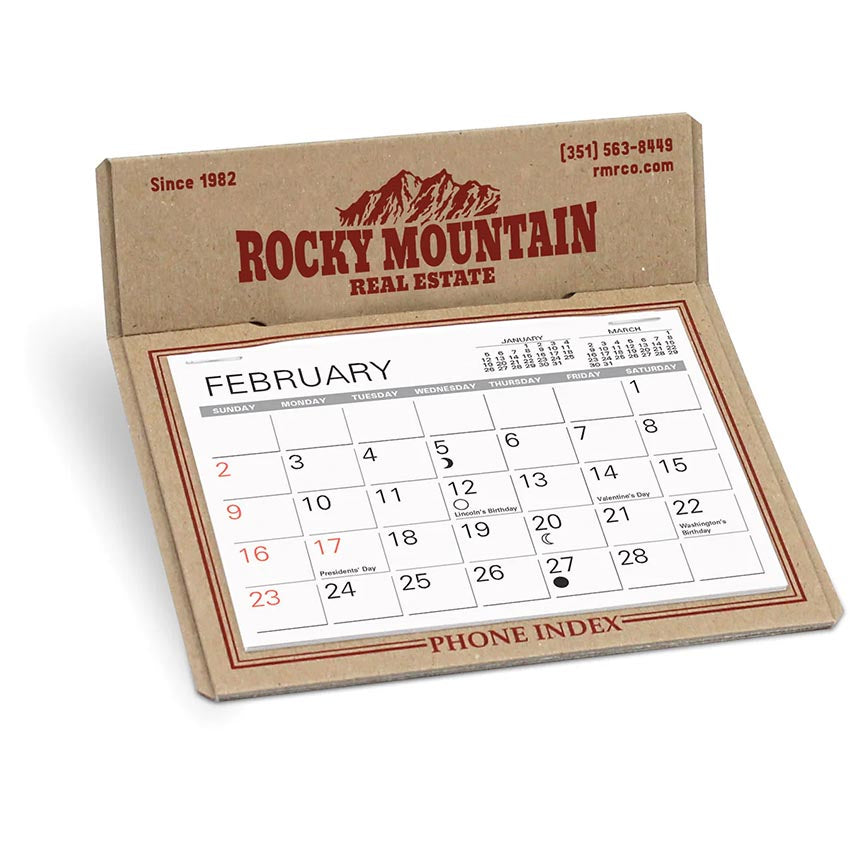 Kraft cardboard realtor desk calendar with maroon logo imprint