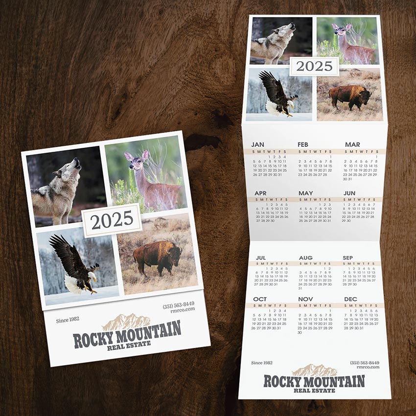 Wildlife trifold calendar with animal photos and real estate company logo printed on the bottom