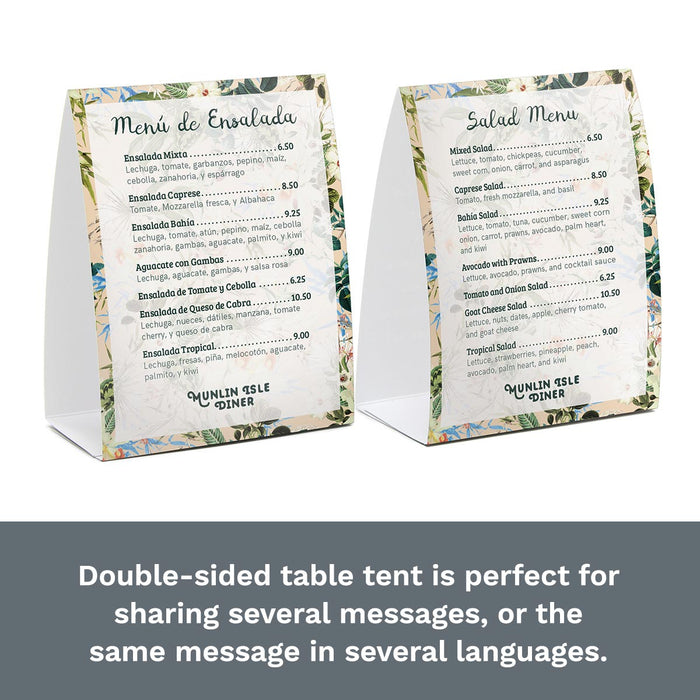Custom table tent with English menu on one side, Spanish on the other.