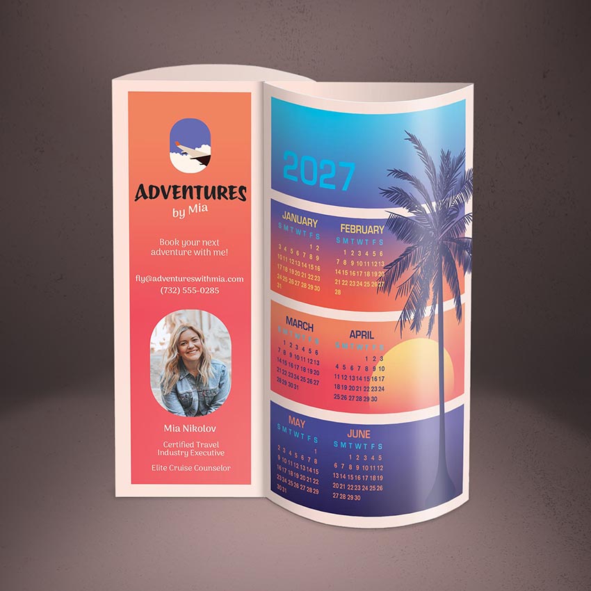 Beach-themed 3D calendar with travel agent branding