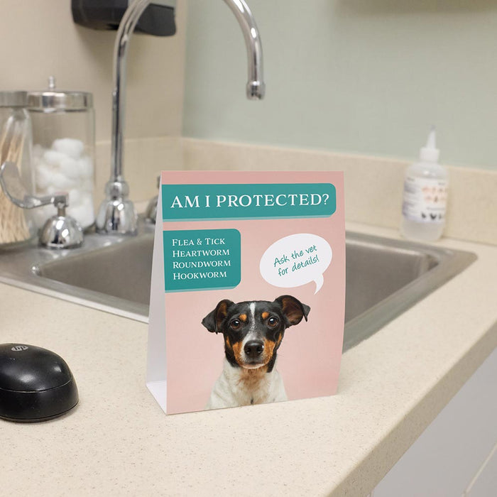 Table tent for flea and tick medicine at a vet's office