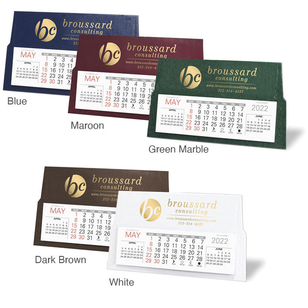 Budget desk calendar in blue, burgundy, green, brown, and white