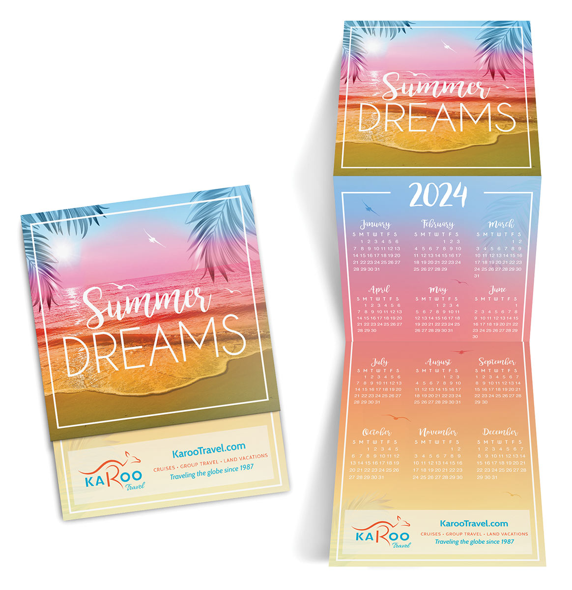 Brightly colored beach-themed z-fold calendar shown closed and open