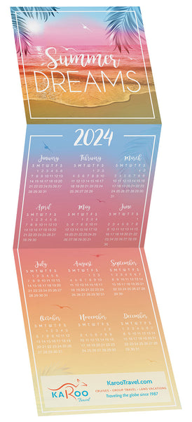 Blue, pink, and sand-colored tri-fold calendar shown open