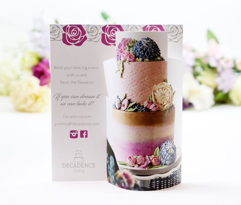 Promotional table tent advertising a bakery's services