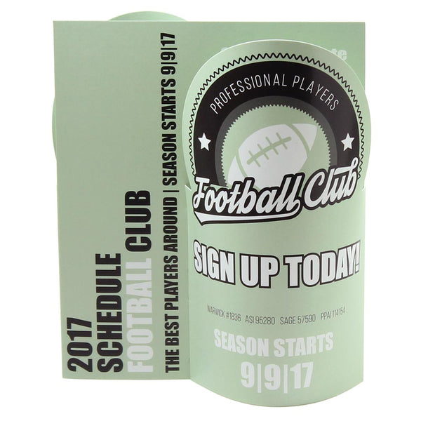 Football club schedule on a pop-out table tent