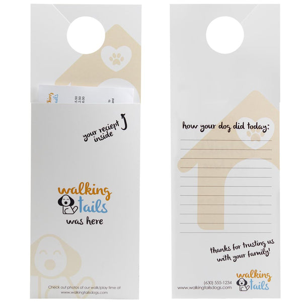 Front and back of a dog walking company door hanger has a pocket for invoices and space on the back for how the dog did during their walk