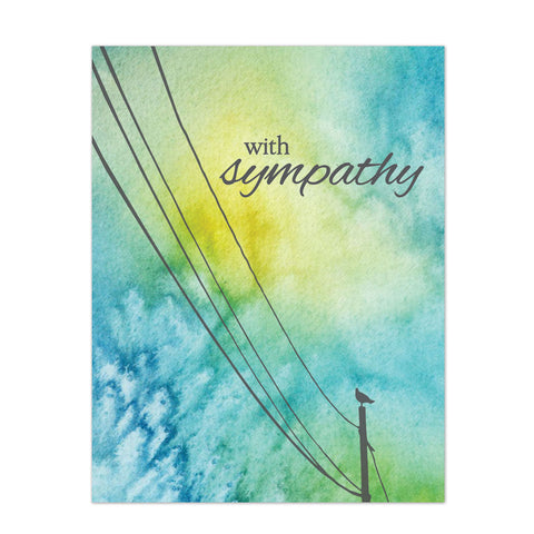 Blue and yellow watercolor sympathy note card with bird and telephone wires design