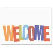 White greeting card with colorful welcome design