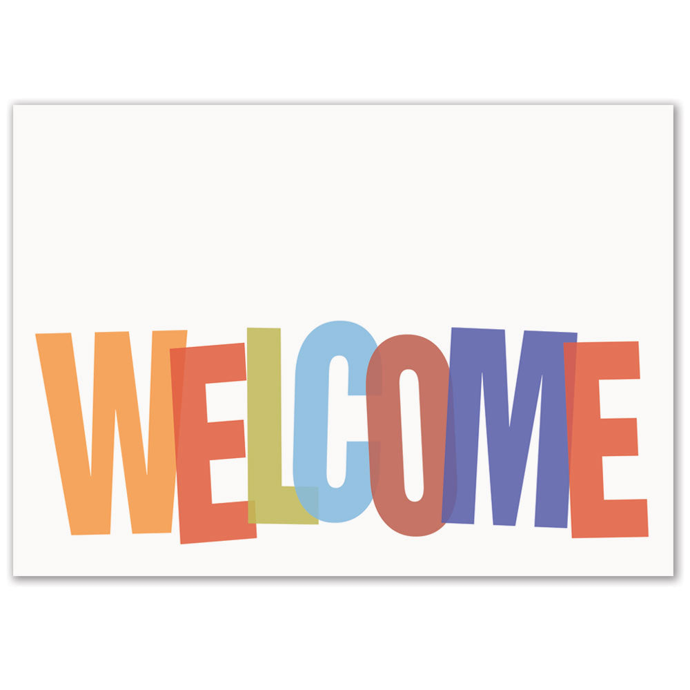 White greeting card with colorful welcome design