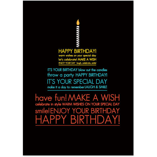 Birthday cake greeting card with text forming the layers of cake, topped with a single candle
