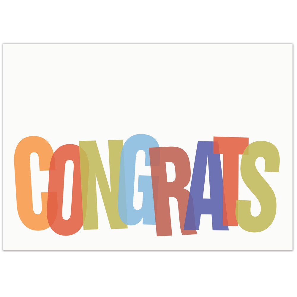 White greeting card with colorful Congrats designed in big, bold, uppercase letters