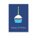 Birthday note card with design of a simple frosted cupcake, topped with a green candle