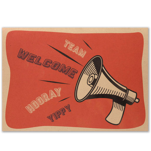 Kraft welcome card with red background and bullhorn design