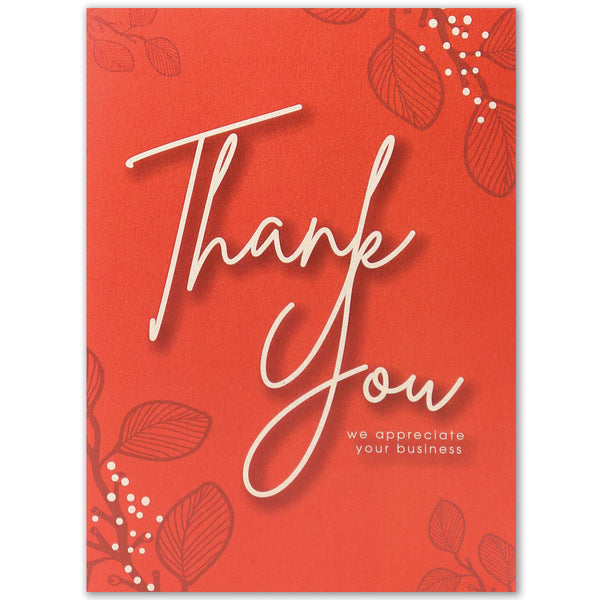 Red business thank you card with leaf and berry design accents