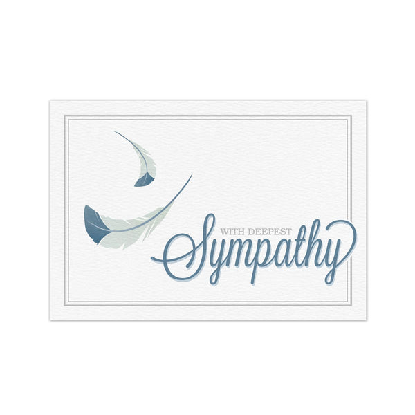 White sympathy card with floating feathers