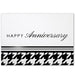 White pearlescent horizontal greeting card with black houndstooth pattern on the bottom and a modern happy anniversary greeting in the middle of the card cover.