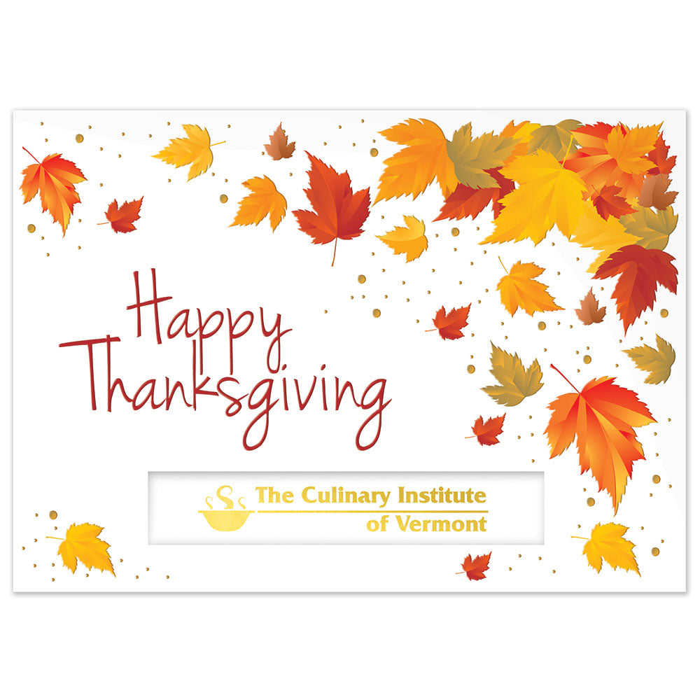 Thanksgiving card with red, yellow, and orange leaves and a window that shows a company logo
