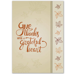 Thanksgiving greeting card with fall leaf border and quote about thankfulness.