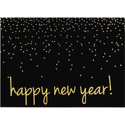 Black new years greeting card with silver and gold confetti design