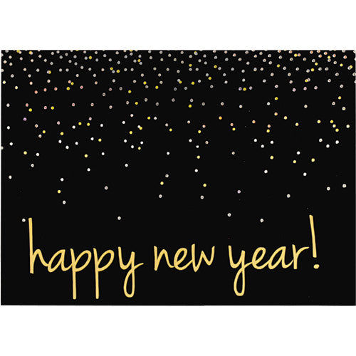 Black new years greeting card with silver and gold confetti design